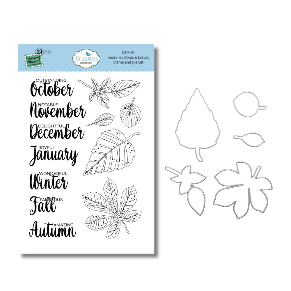 Elizabeth Craft Designs Seasonal Words and Leaves Stamp and Die Set csd465