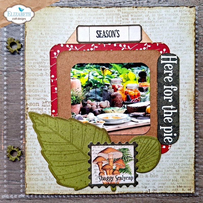 Elizabeth Craft Designs Seasonal Words and Leaves Stamp and Die Set csd465 green leaves mushrooms jars here for the pie card