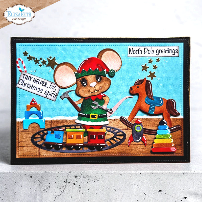 Elizabeth Craft Designs Snuggle Season Sentiments Clear Stamps cs463 rocking horse train toys elf costume christmas card