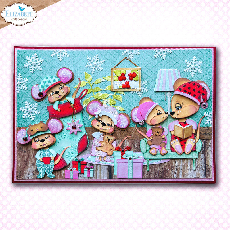 Elizabeth Craft Designs Stocking Dies 2389 presents mice in pajamas teddy bears card