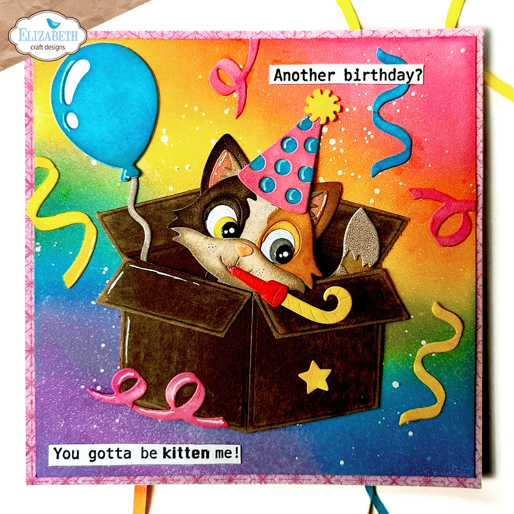 Elizabeth Craft Designs Surprise Box Dies 2374 cat with birthday hat balloon another birthday card
