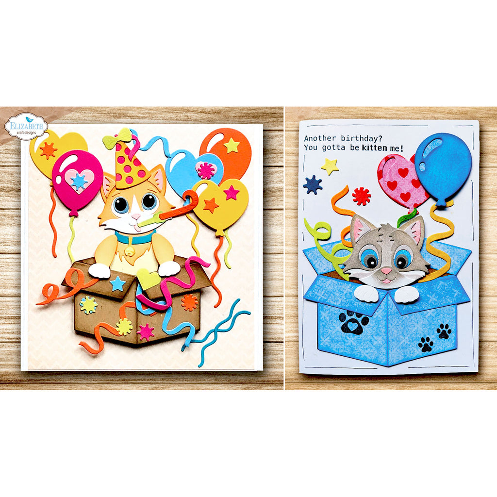 Elizabeth Craft Designs Surprise Box Dies 2374 cats in boxes balloons streamers card