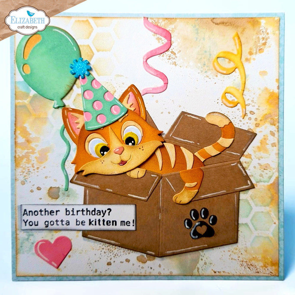 Elizabeth Craft Designs Surprise Box Dies 2374 colored streamers balloon orange cat in box card