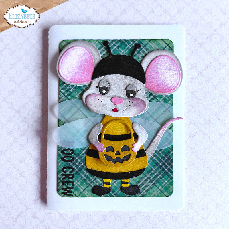 Elizabeth Craft Designs Textile Clear Stamps cs464 mouse in bubble bee costume plaid background card