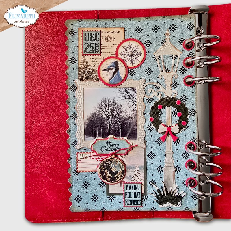 Elizabeth Craft Designs Wavy Page and Lamppost Dies 2390 blue cardinal white lamp post wreath merry christmas journal 