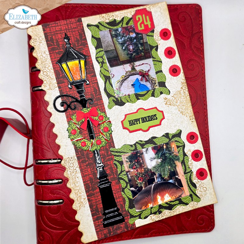 Elizabeth Craft Designs Wavy Page and Lamppost Dies 2390 christmas wreath green frames fireplace happy holidays journal 