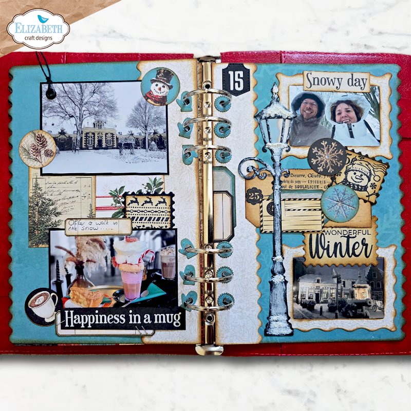Elizabeth Craft Designs Wavy Page and Lamppost Dies 2390 snowman snowflakes lamp post coffee mug snowy day journal