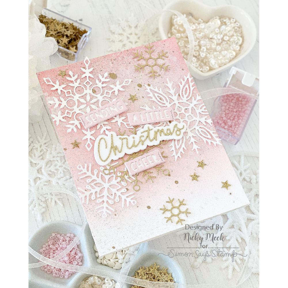Tim Holtz Antiqued Bronze Distress Spritz tdu94647 Christmas Cheer Pink and Gold Card by Nicky Meek
