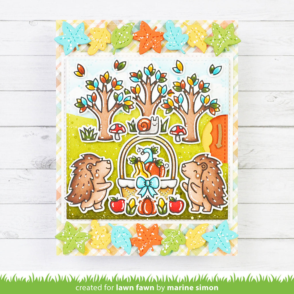 Card with Fall Leaves Border Hedgehogs and Autumn Scene Colorful