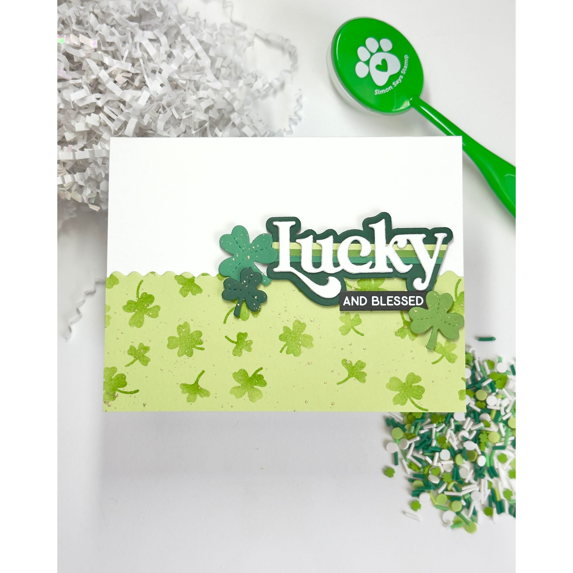 Simon Says Stamp Stencil Falling Shamrocks 1118st Beautiful Moments Lucky Card