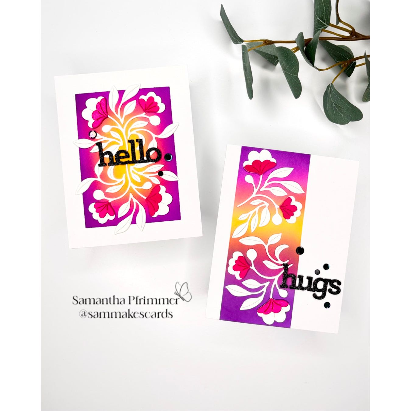 Simon Says Stamp Fantasy Bouquet Wafer Dies s1013 Happy Camper Hello and Hugs Cards