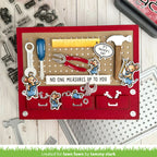 Father's Day card with tools and cartoon mice on a pegboard background, created by Tammy Stark for Lawn Fawn.