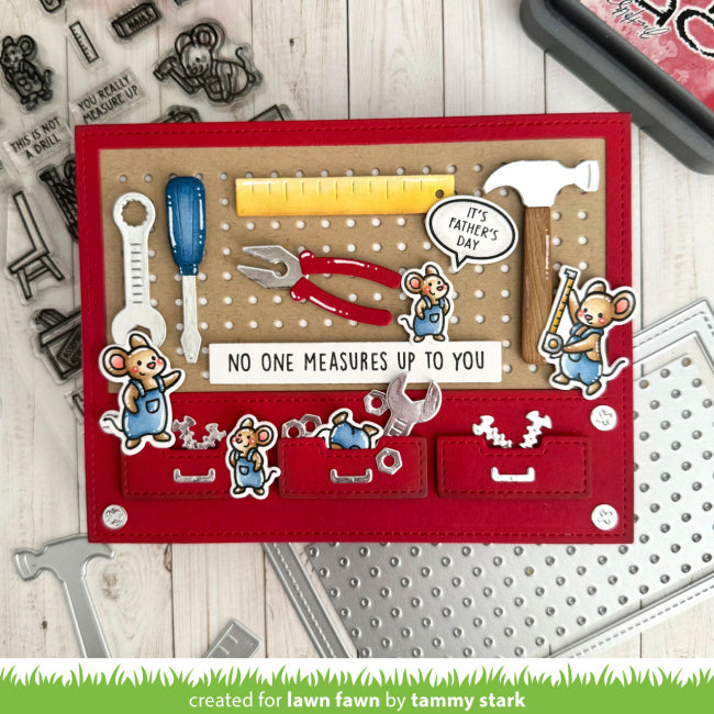 Father's Day card with tools and cartoon mice on a pegboard background, created by Tammy Stark for Lawn Fawn.