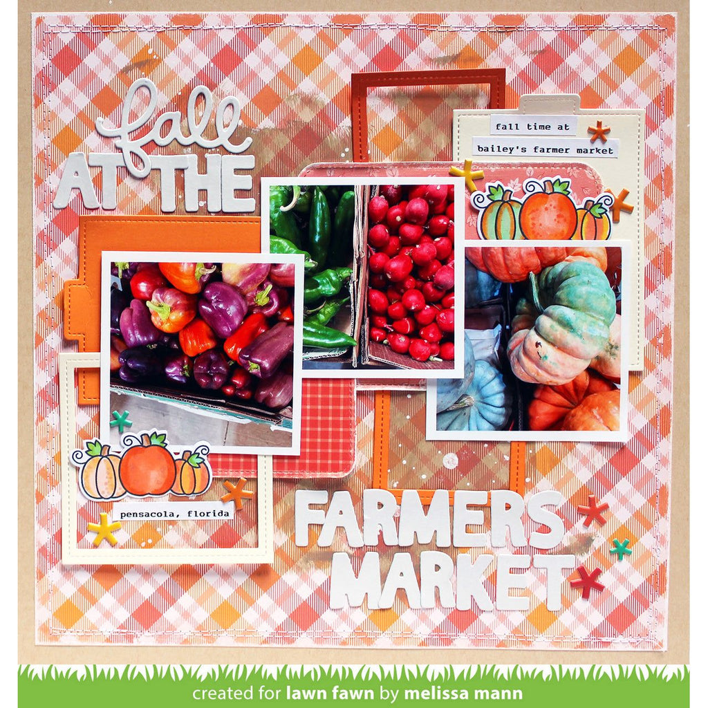 Scrapbook layout with fall-themed elements and images of vegetables on a checkered background.