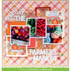 Scrapbook layout with fall-themed elements and images of vegetables on a checkered background.