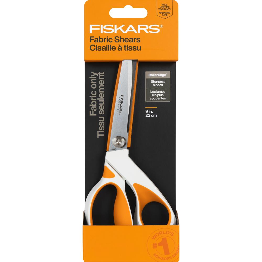 Fiskars Fabric Scissors 9 Inch RazorEdge Softgrip Orange with blade cover in packaging
