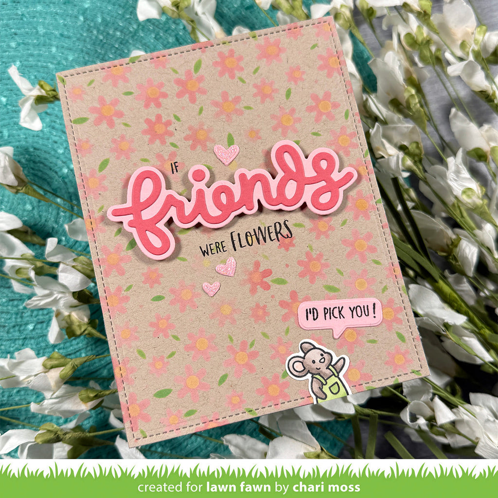 Floral card with 'friends' text and mouse on a floral background