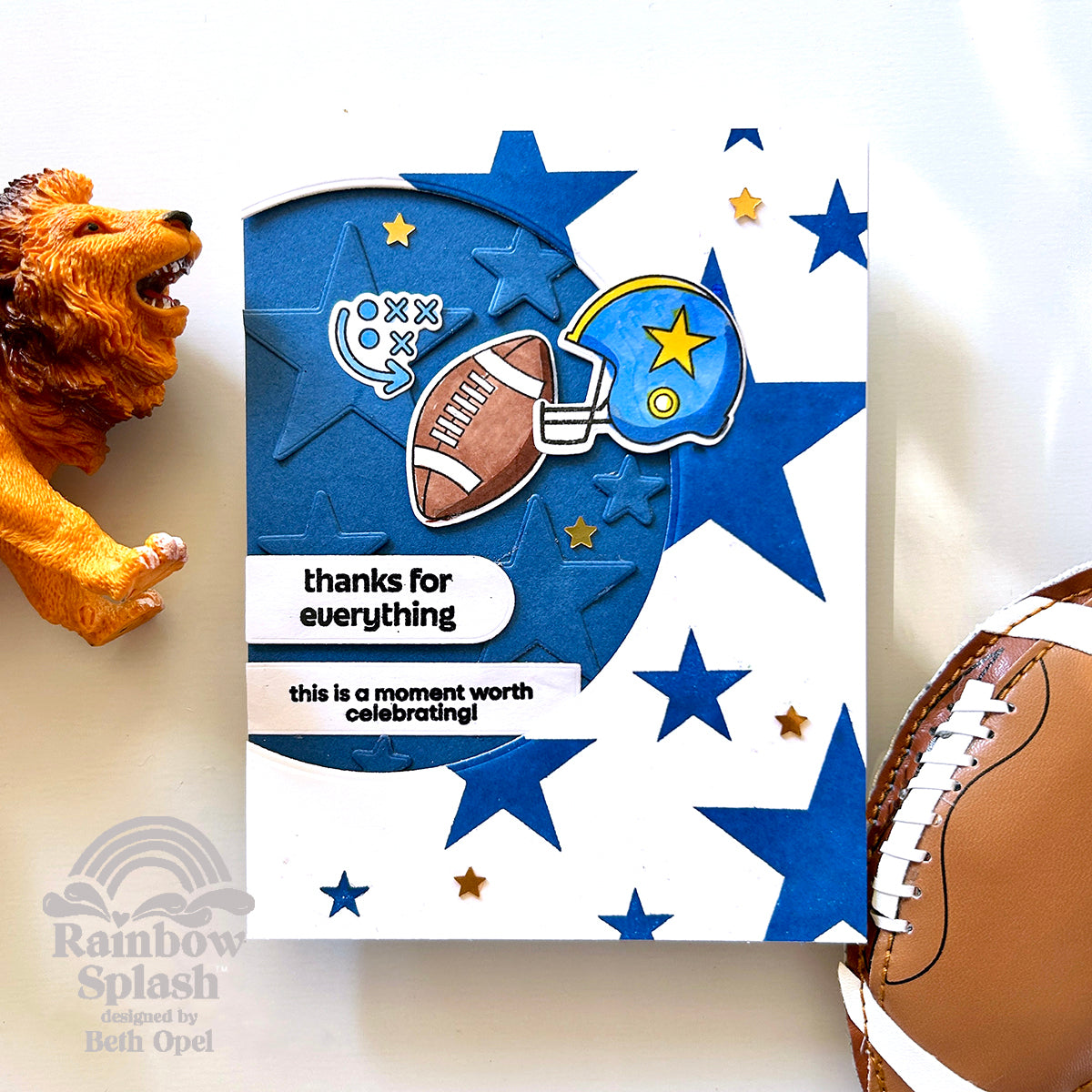 Rainbow Splash Stamps and Dies Football rs39set Thanks Card
