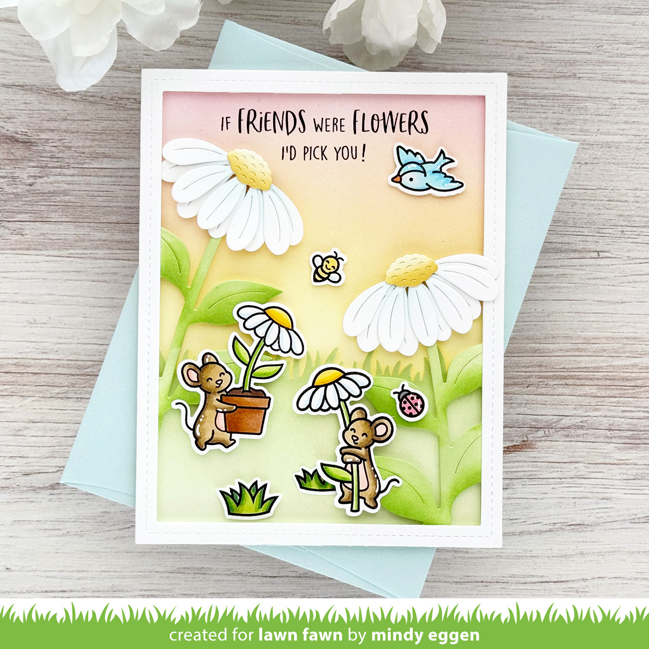 Friendship card with mice planting daisies with sentiment if friends were flowers I'd pick you