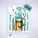 Frosty Kisses and Winter Wishes Snowman Card with Forest Background and Teal Accents