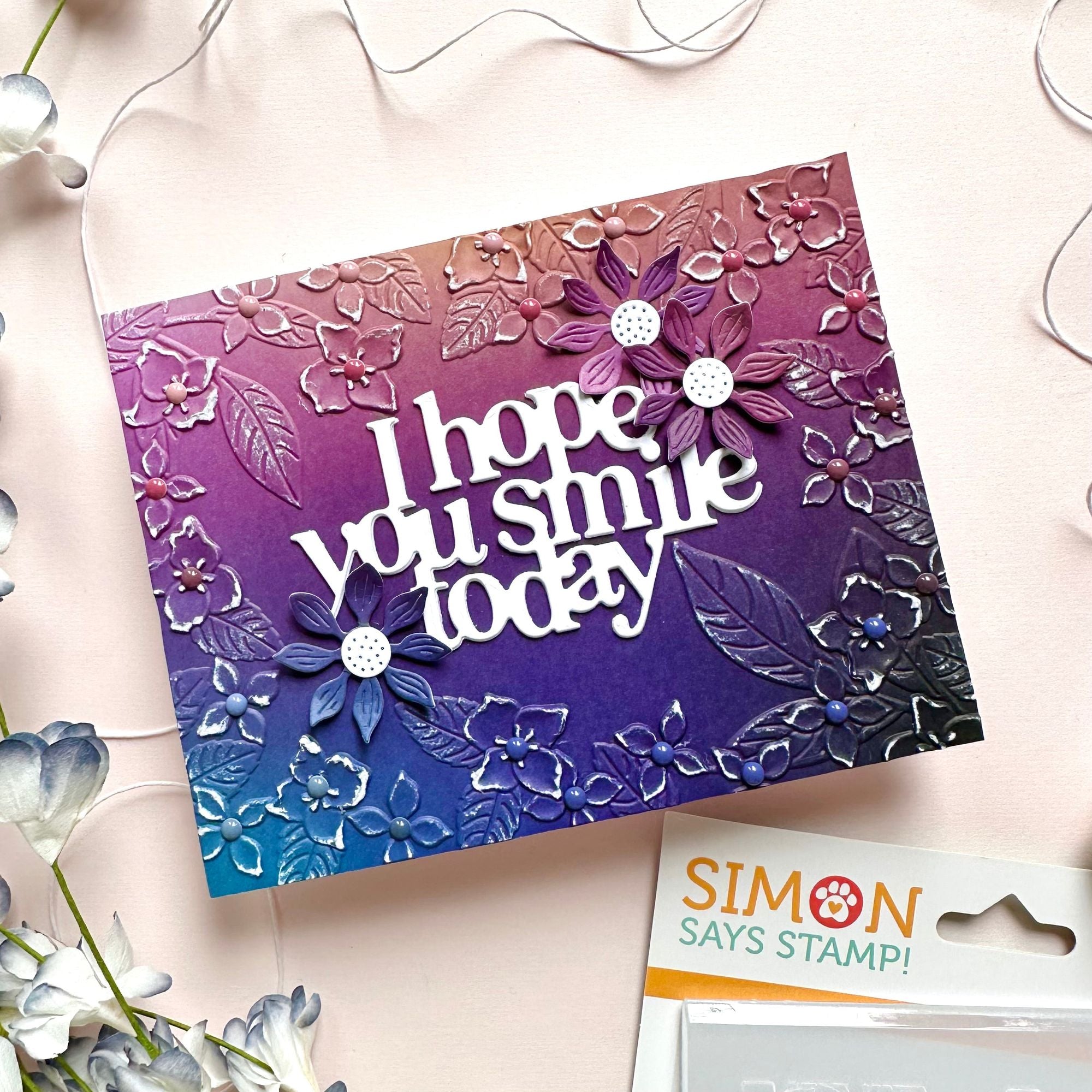 Simon Says Stamp Embossing Folder Fun Floral Frame sf478 Happy Camper Smile Today Card