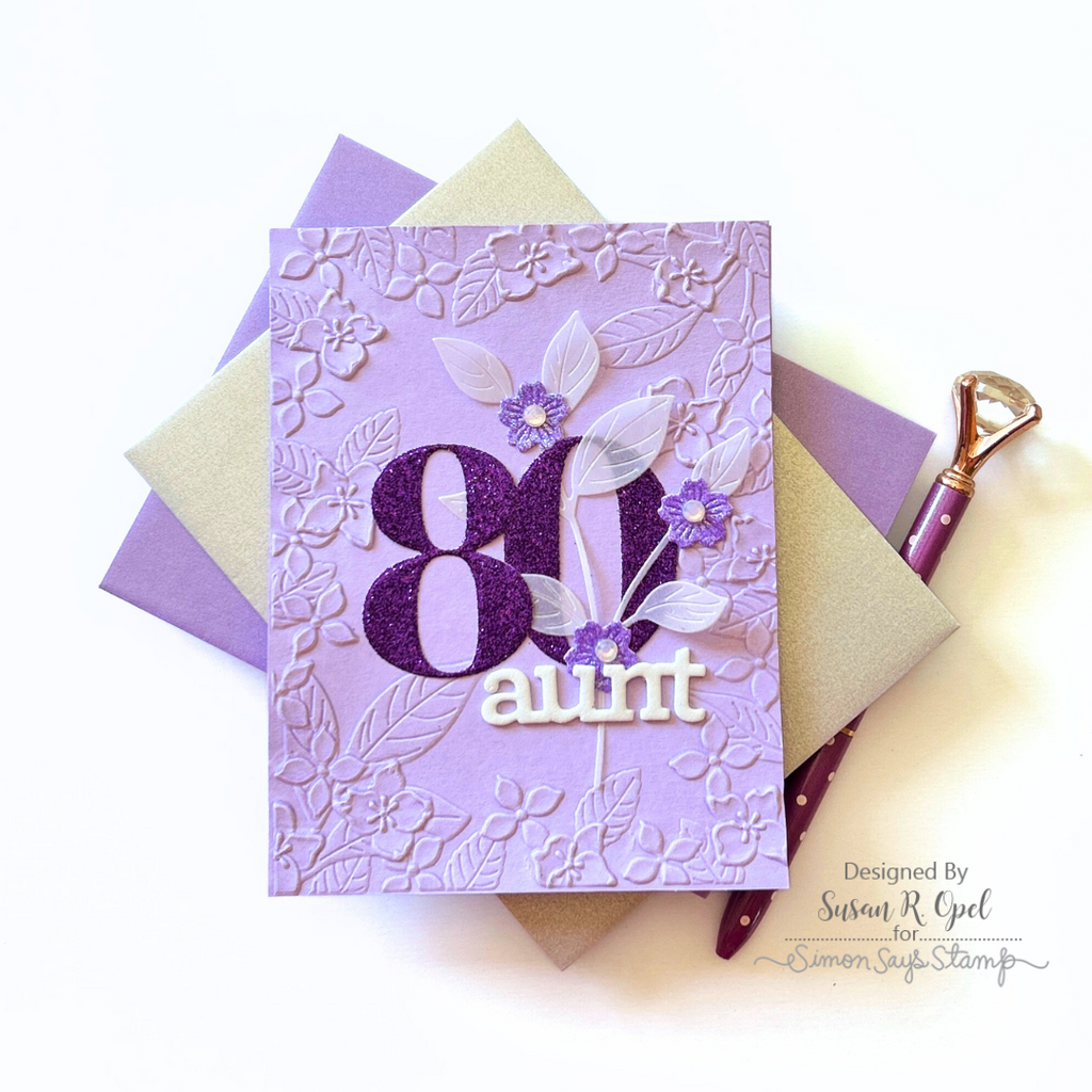 Simon Says Stamp Embossing Folder Fun Floral Frame sf478 Happy Camper 80th Birthday Card