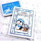 Card with penguin and raccoon design featuring text 'Winter feels warmer with a friend like you' on a white background with blue accents.