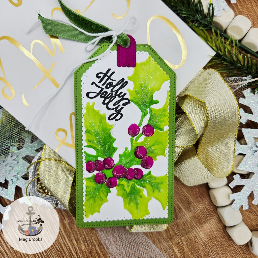 Simon Says Stamp Embossing Folder and Stencils Gathered Holly set1083gh Christmas Tag