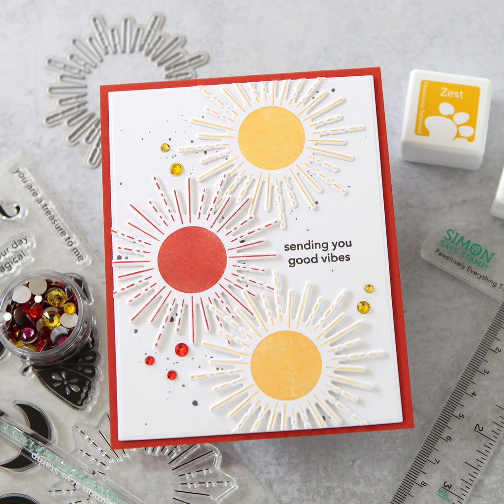 Simon Says Stamp Pawsitively Dazzling Gems Warm Tones se110 Celebrate Good Vibes Card | color-code:ALT05