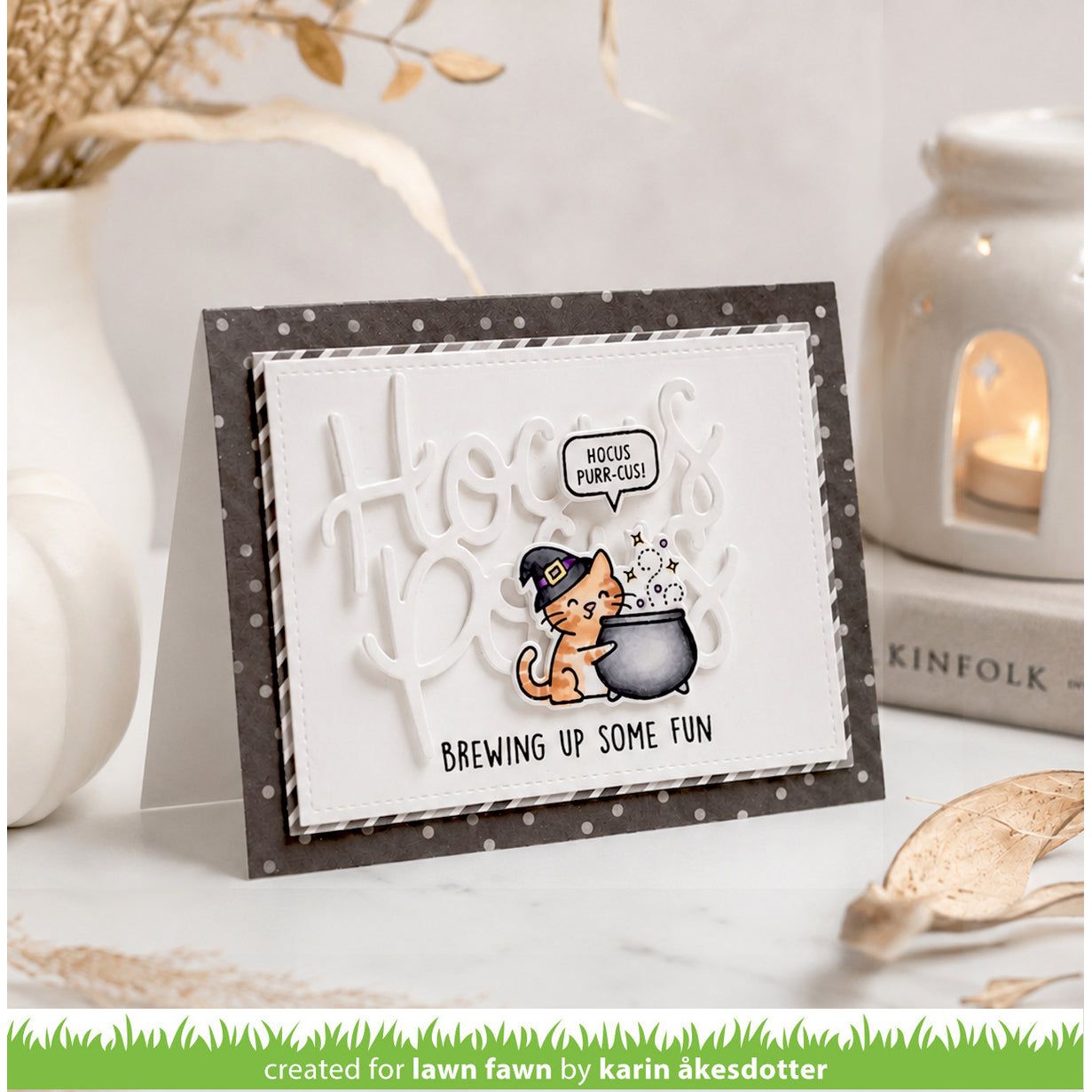 Lawn Fawn Hocus Purr-cus! Stamps lf4186 landscape card with Hocus Pocus sentiment in background and cat with cauldron in the foreground