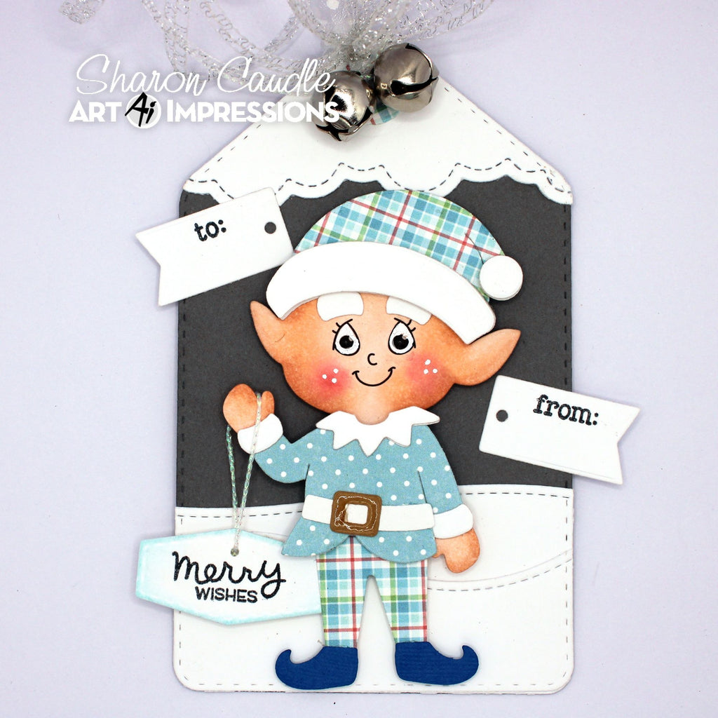 Giant Elf Tag with paper piecing outfit and jingle bell accents