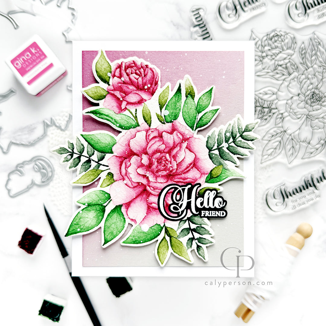 Gina K Designs Blissful Blossoms hello friend with pink flowers card