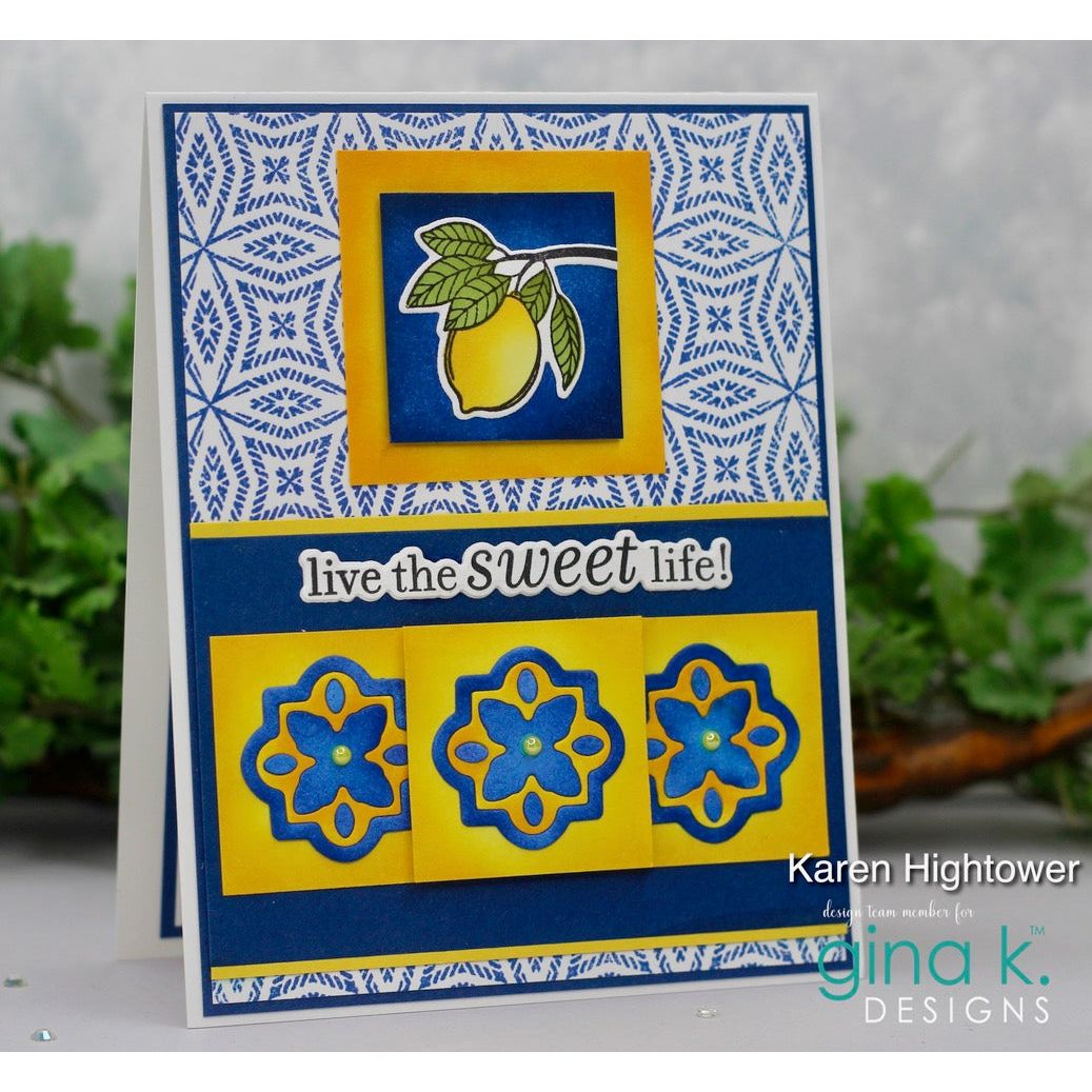 Decorative card with lemon illustration and floral design, featuring the text 'live the sweet life!' by Karen Hightower of Gina K. Designs.