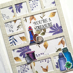Decorative card with floral patterns, a thimble, and text on a white background