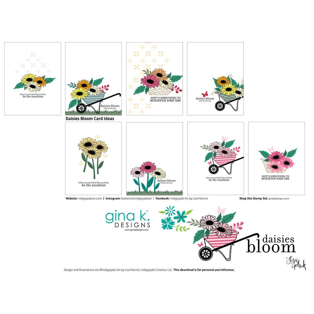 Collection of floral designs with wheelbarrow graphics by Gina K. Designs on a white background.