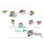 Collection of floral designs with wheelbarrow graphics by Gina K. Designs on a white background.