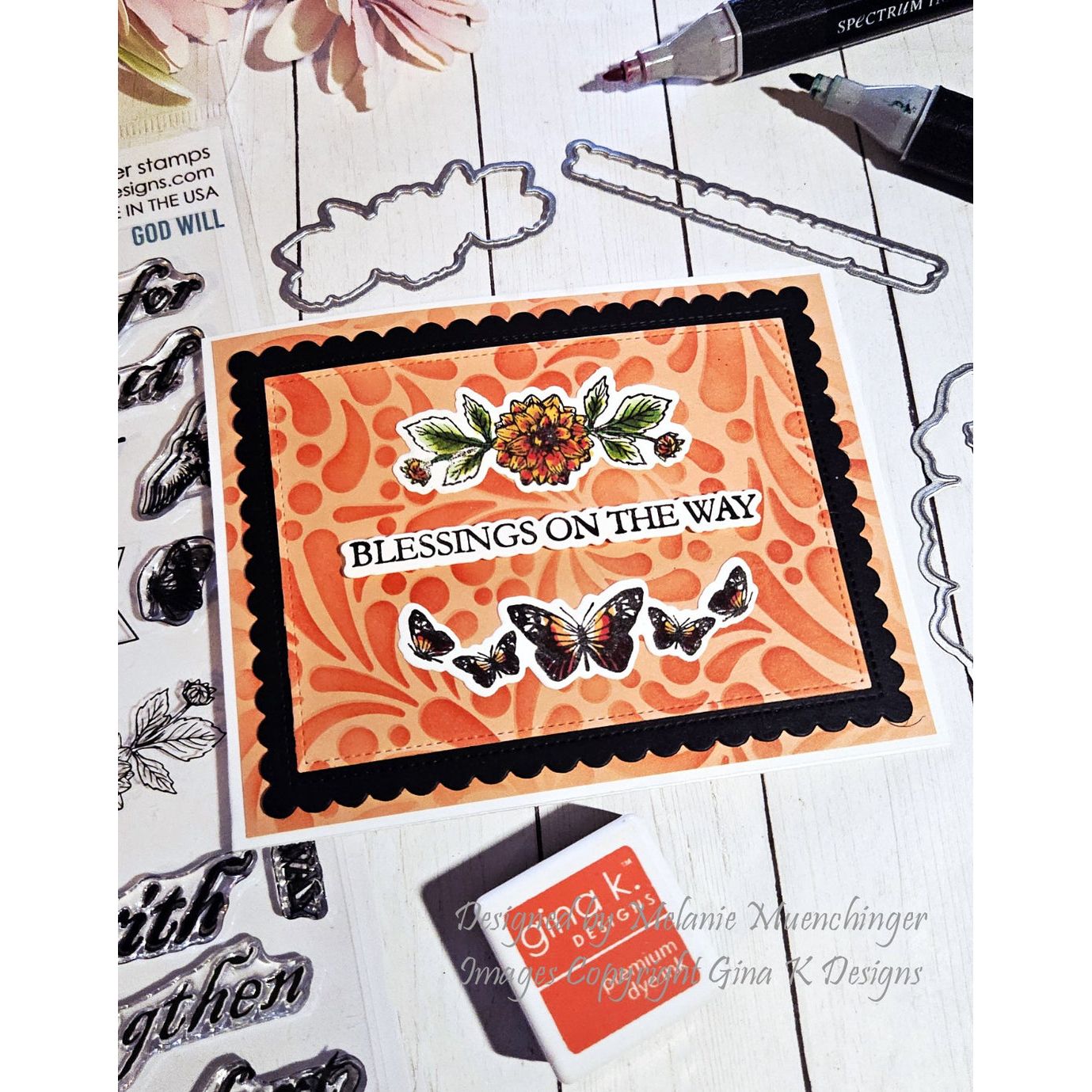 Gina K Designs God Will Blessings on the way orange card with flowers and butteflies