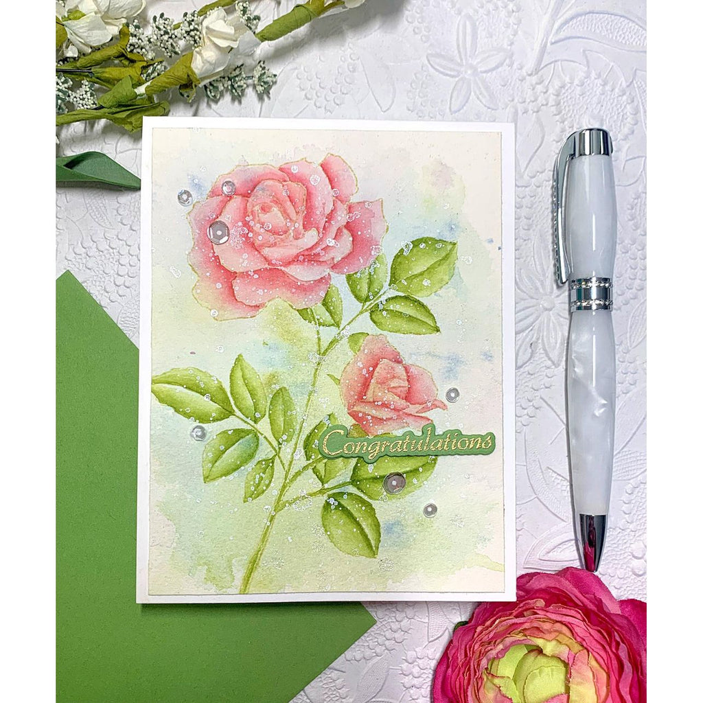 Gina K Designs Happily Ever After Wishes congratulations with pink watercolored rose card