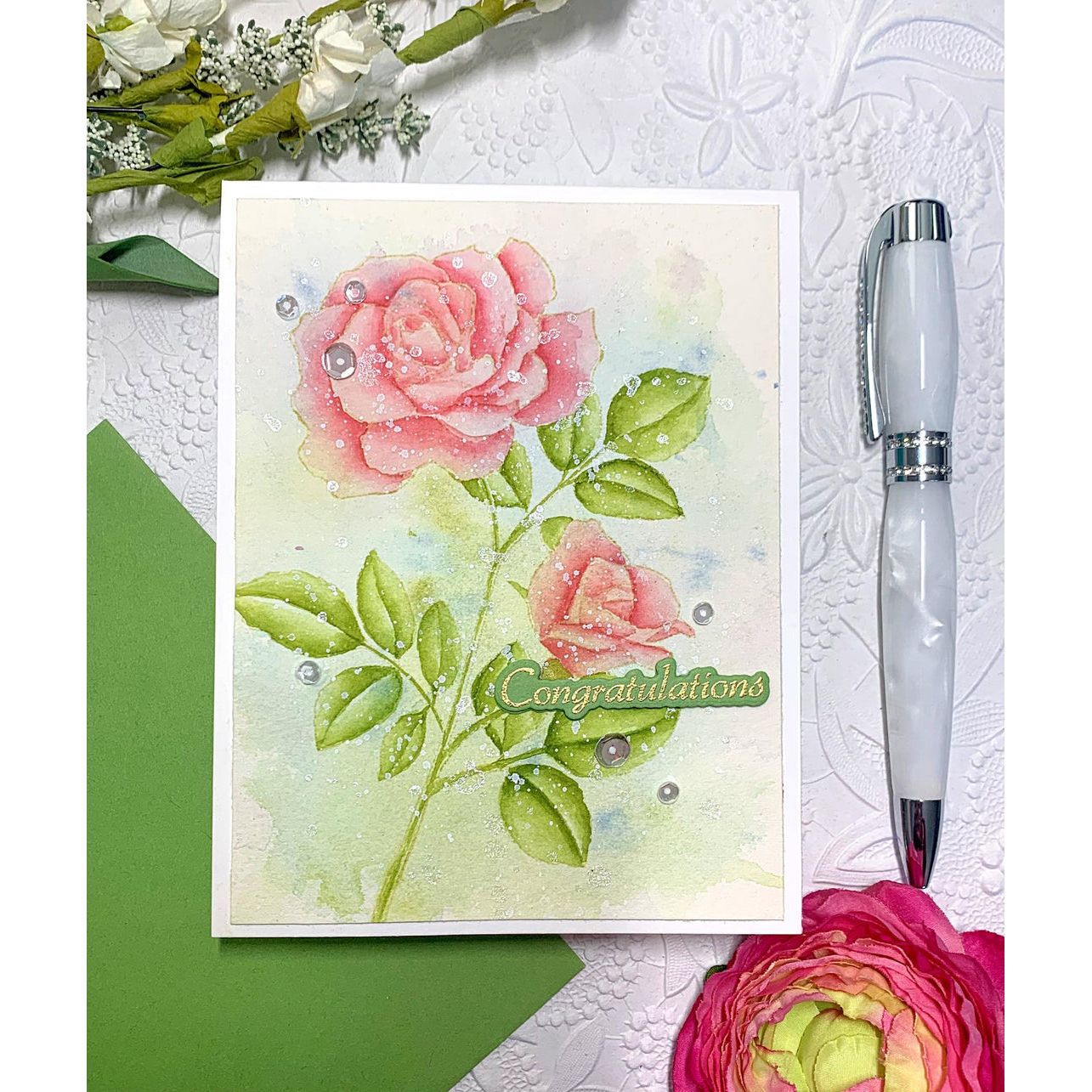 Gina K Designs Happily Ever After Wishes congratulations with pink watercolored rose card