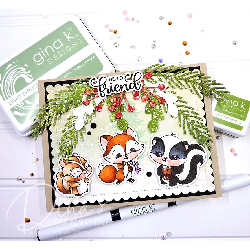 Gina K Designs Heart of the Forest hello friend card featuring mistletoe squirrel and skunk