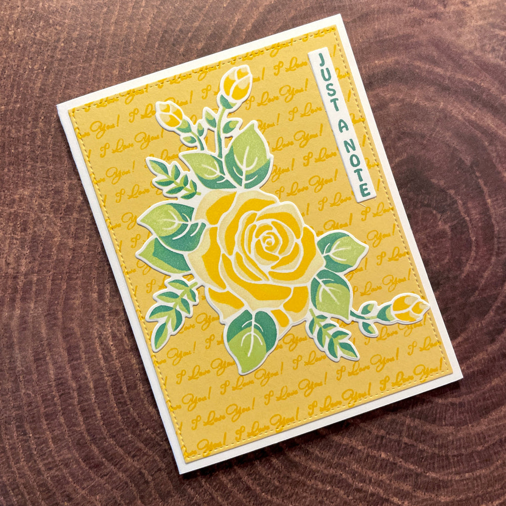 Gina K Designs I Love You Background Stamp dw44 Just a Note Yellow Rose Card