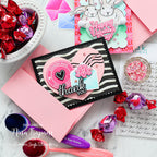Love Notes Thank You Card Featuring the colors pink, black, white, and a pop of aqua