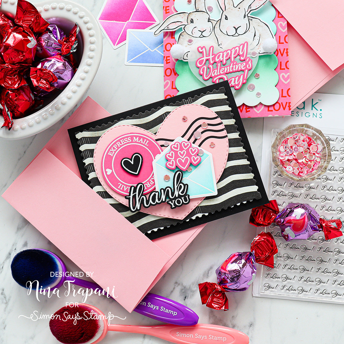 Love Notes Thank You Card Featuring the colors pink, black, white, and a pop of aqua