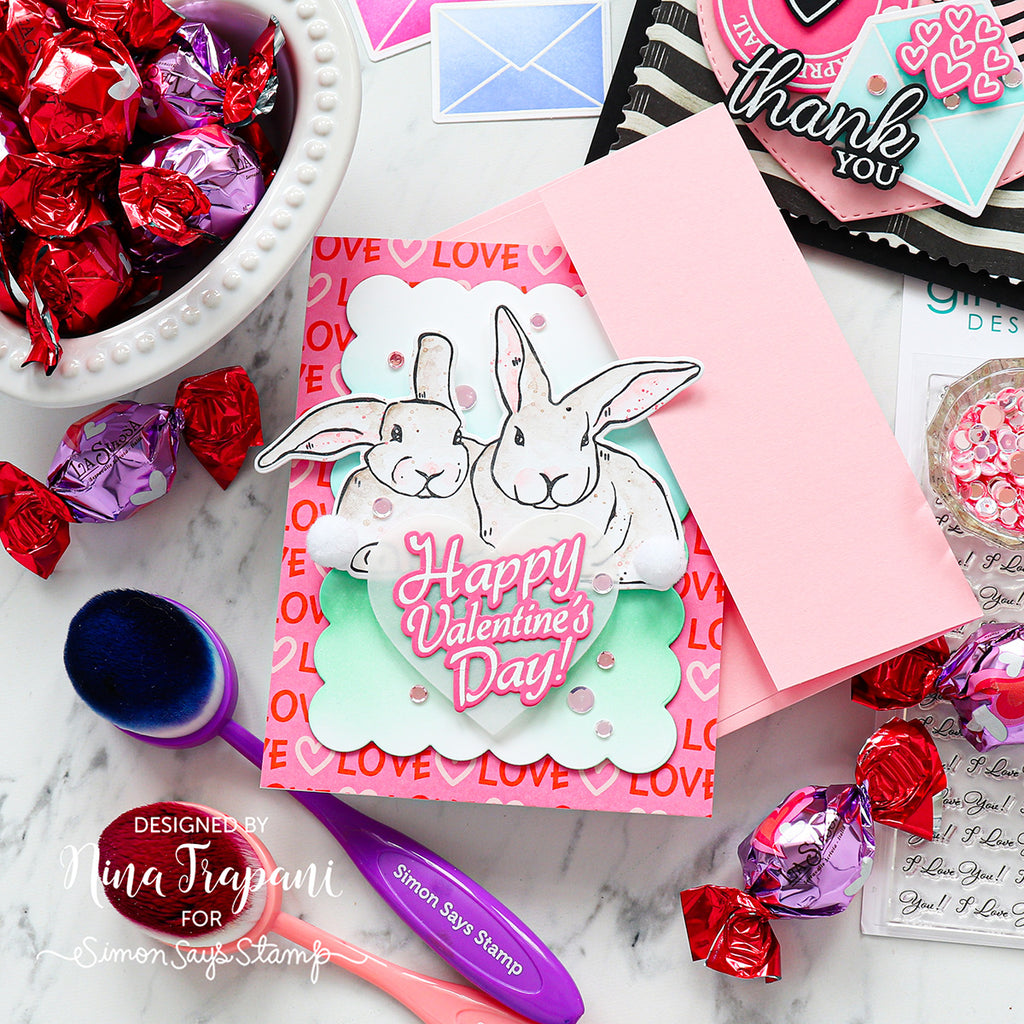Hoppily Yours Valentine Card with Bunnies and Pom Pom Tails