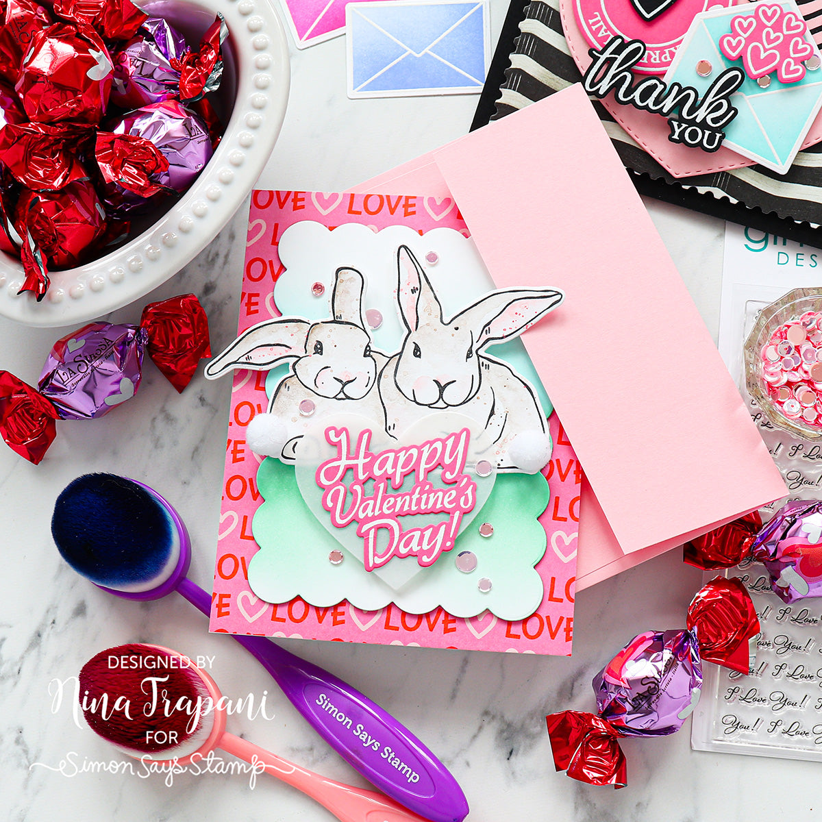 Hoppily Yours Valentine Card with Bunnies and Pom Pom Tails