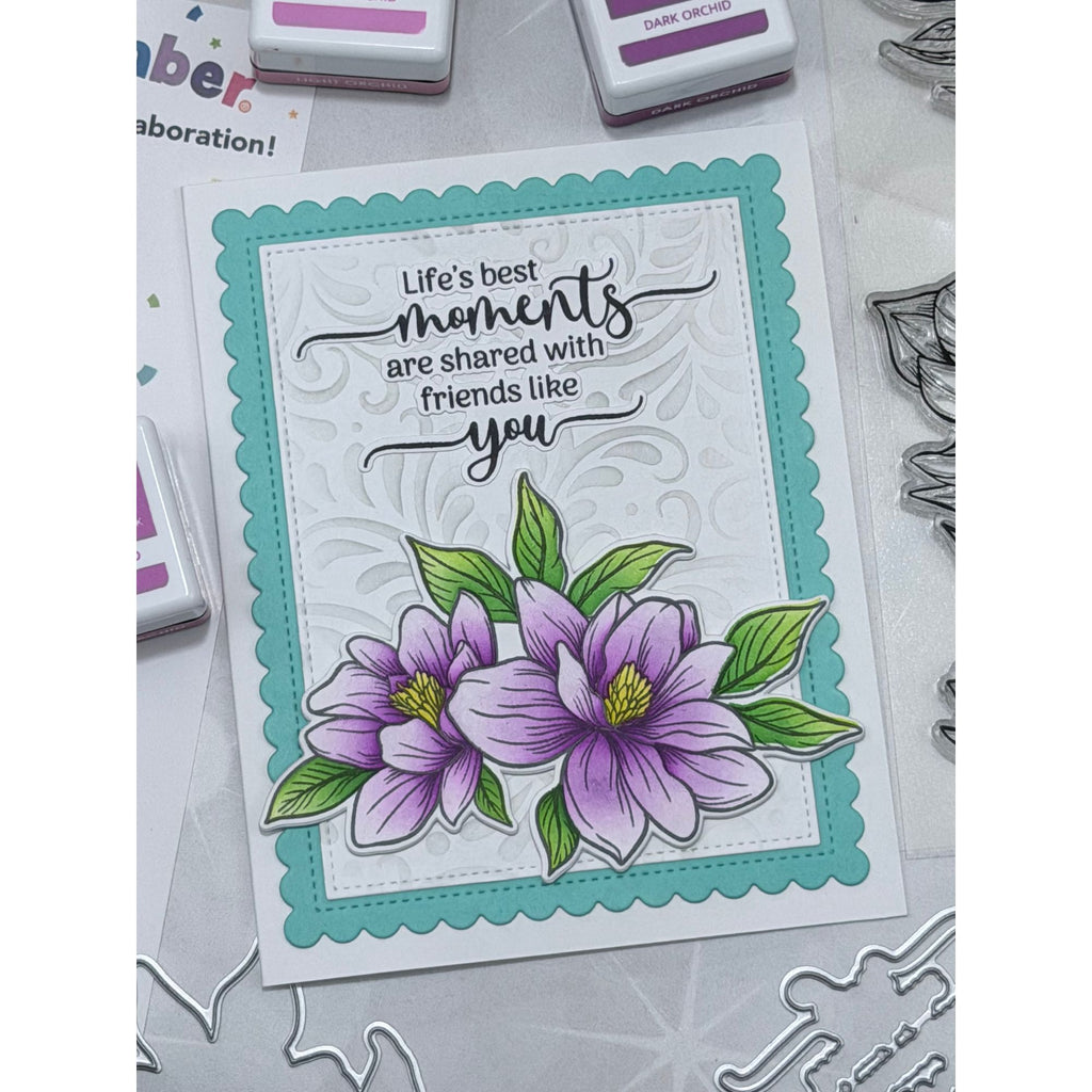 Gina K Designs Life’s Best Moments STAMPtember Exclusive Stamps 2505ssc Floral Friend Card Aqua and Lavender