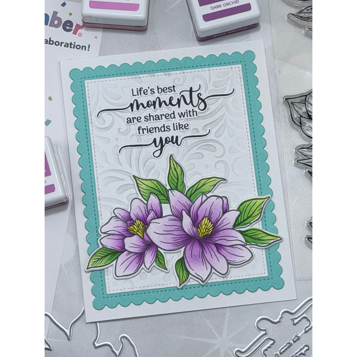 Gina K Designs Life’s Best Moments STAMPtember Exclusive Stamps 2505ssc Floral Friend Card Aqua and Lavender