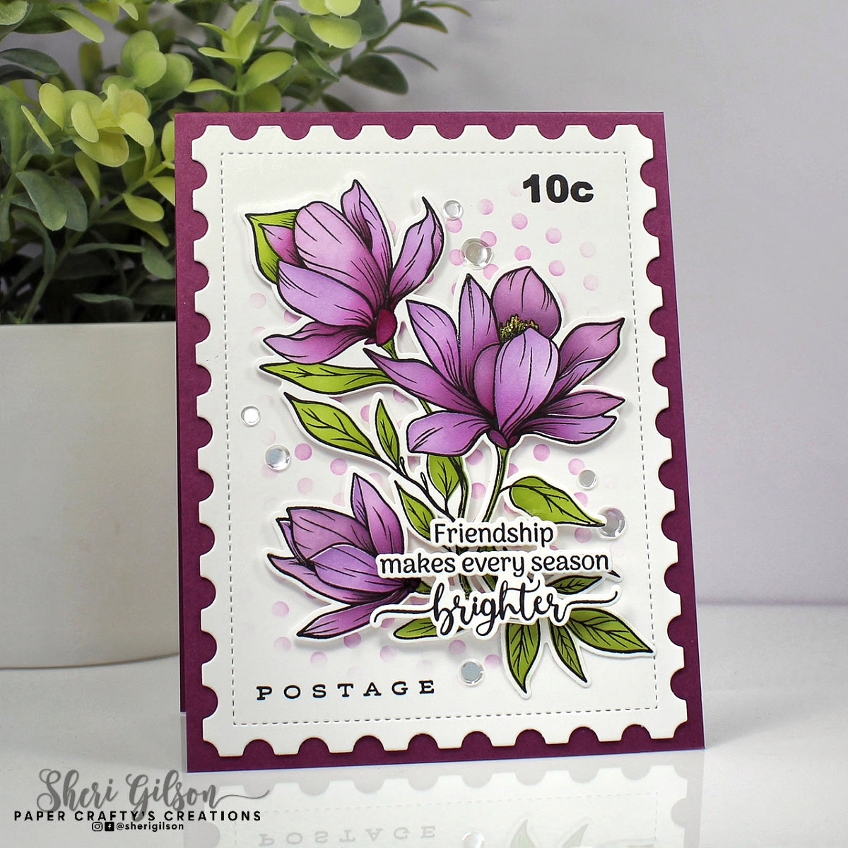 Gina K Designs Life’s Best Moments STAMPtember Exclusive Stamps 2505ssc Floral Friend Card Plum and White