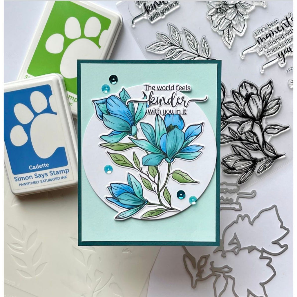 Gina K Designs Life’s Best Moments STAMPtember Exclusive Stamps And Dies Floral Friend Card Aqua and Blue