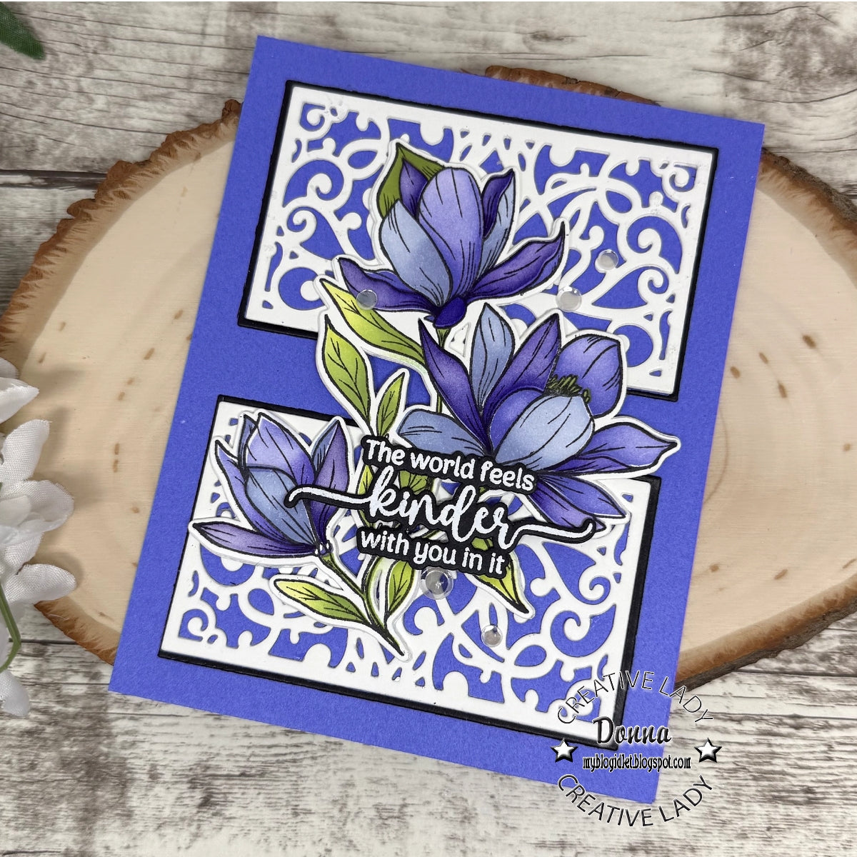 Gina K Designs Life’s Best Moments STAMPtember Exclusive Stamps And Dies Floral Friend Card Purple and White